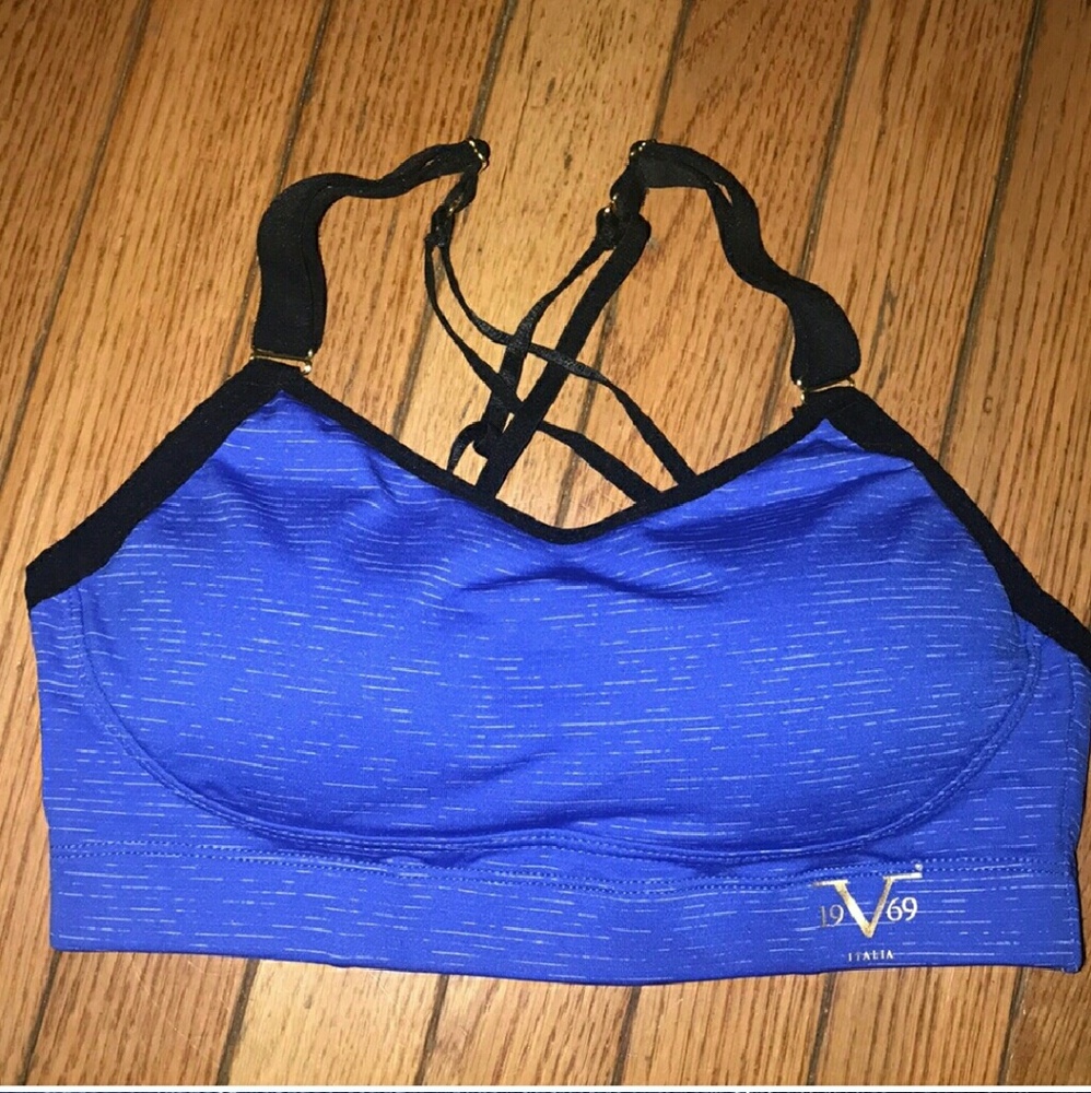 Versace blue and black strappy sports bra 36 C